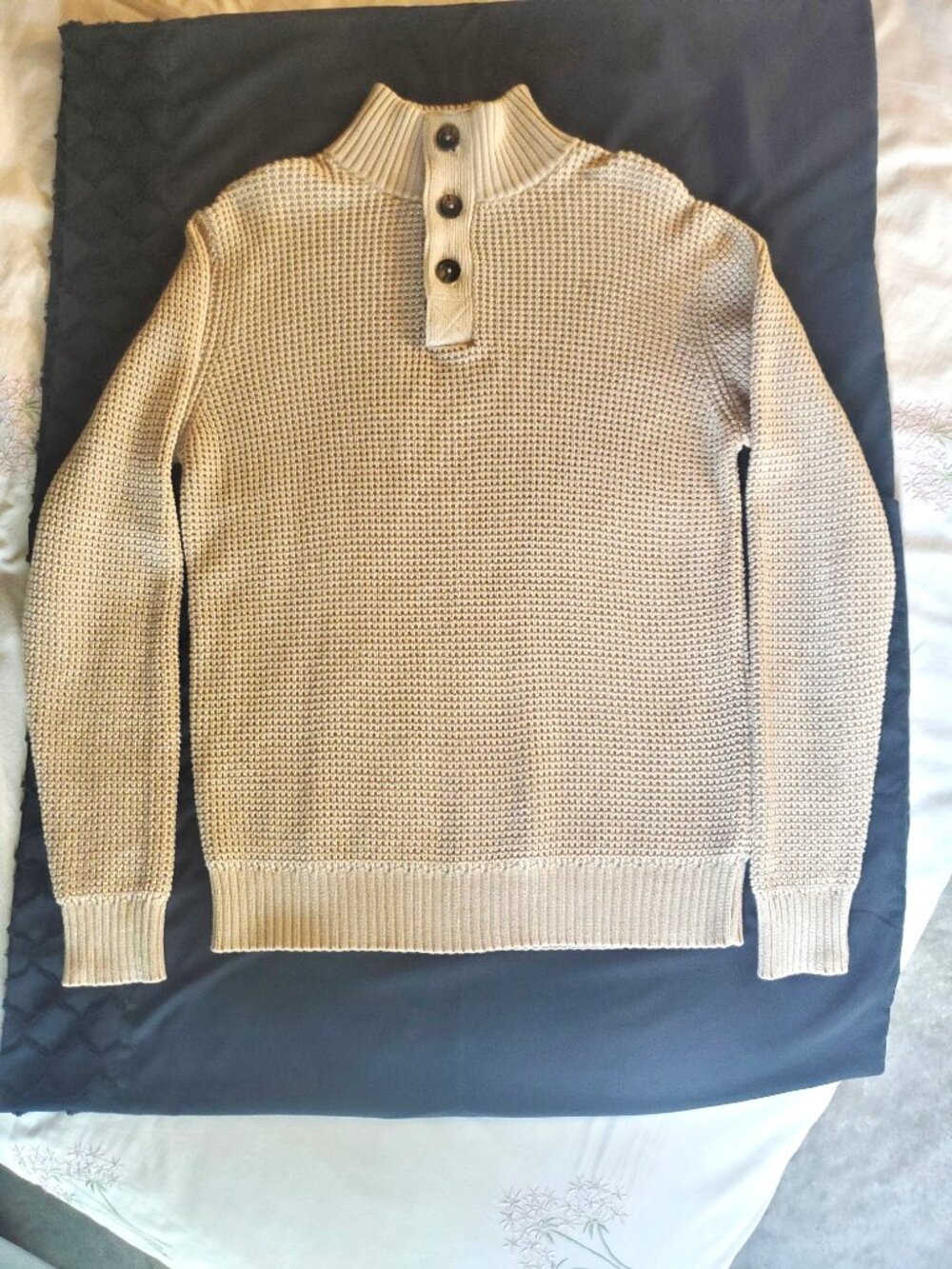 Weatherproof Vintage Mens 100% Cotton Waffle Knit Button Mock Neck Sweater M